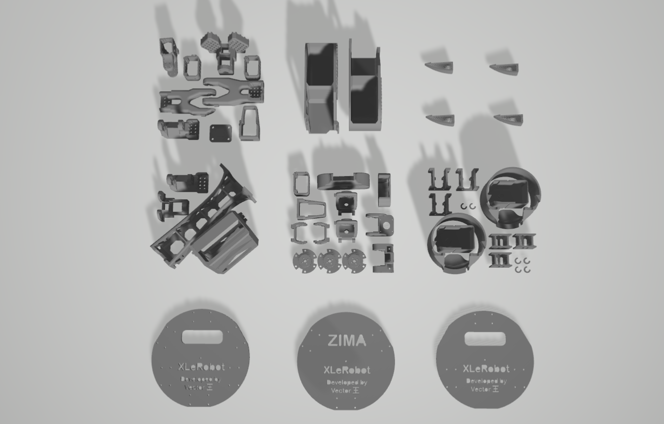 Printed parts grouped by XLeRobot subsystem