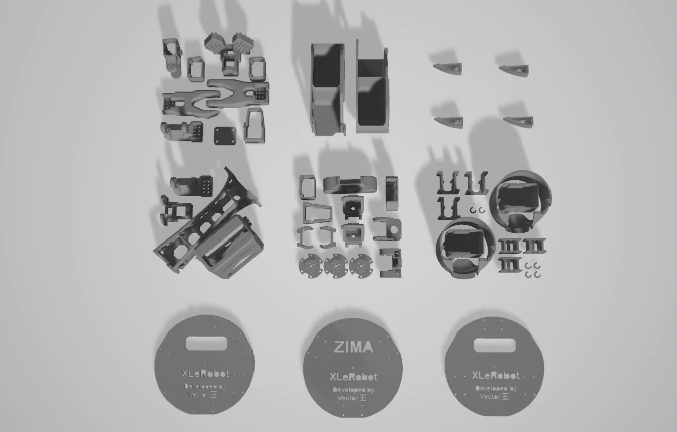Printed parts grouped by XLeRobot subsystem